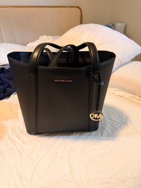 Michael Kors Black Leather Tote with Gold Logo Charm